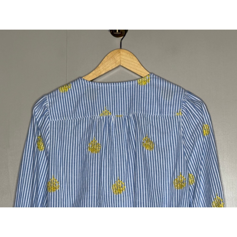 J.Crew Blue White Striped Pineapple Embroidered Wrap Tie Blouse Top Mens Medium - Picture 7 of 10